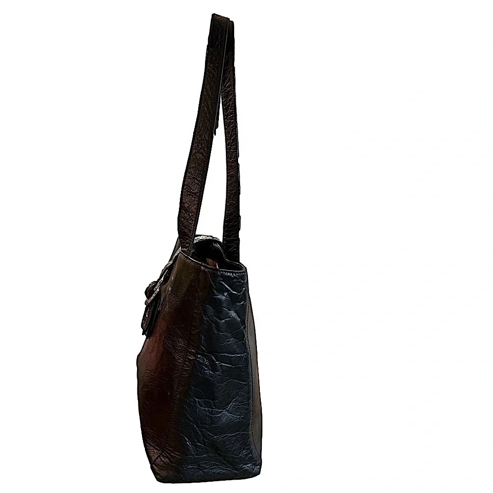 M London Black Leather 2 strap shoulder bag satchel tote Purse